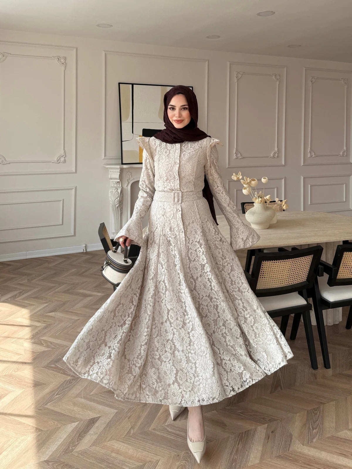 Lace Detailed Belted Maxi Dress - Beige