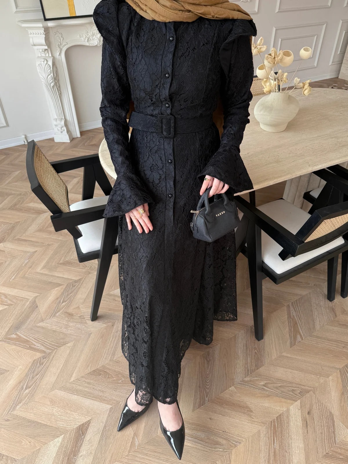 Lace Detailed Belted Maxi Dress - Black