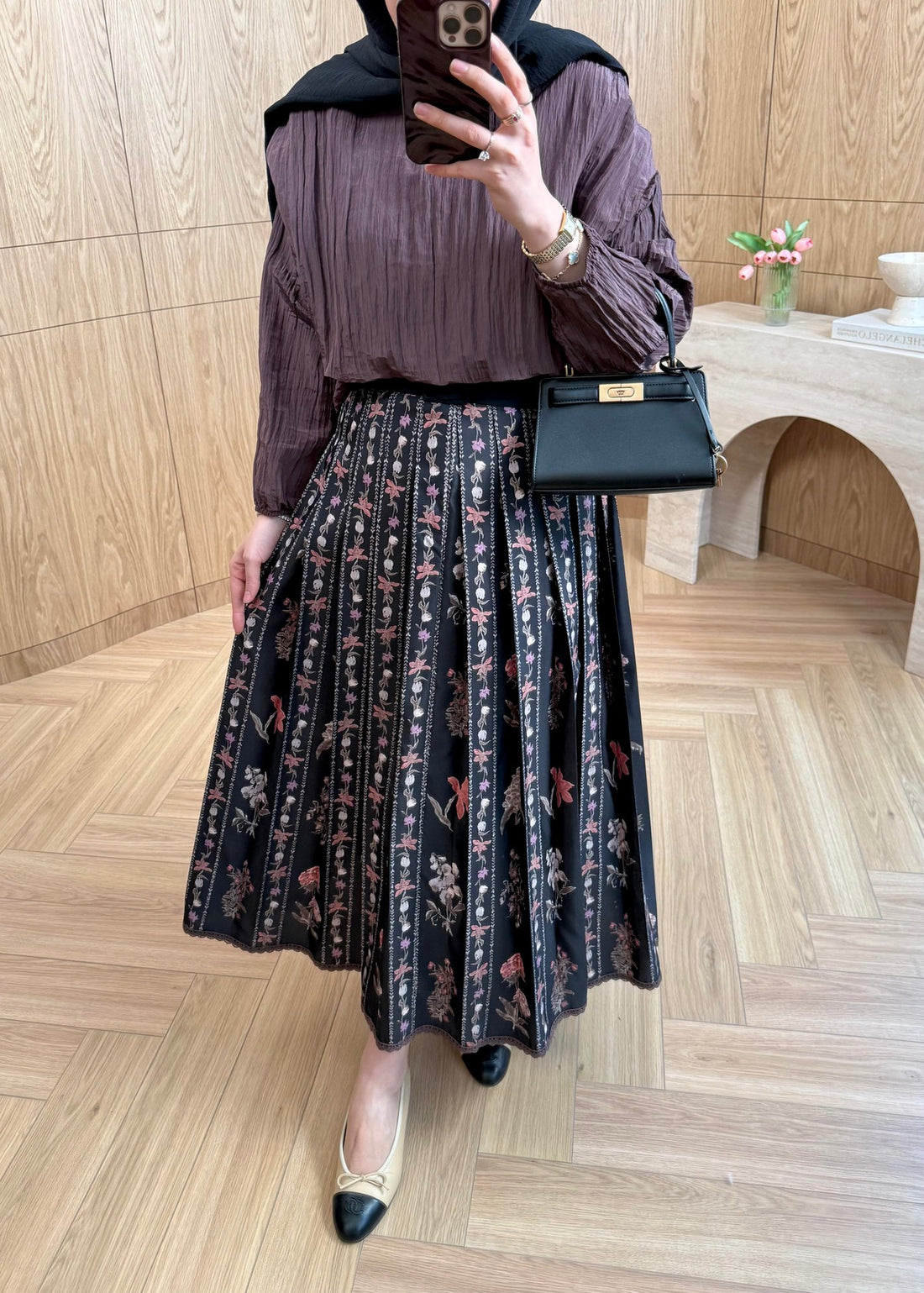 Lily Co-ord Set — Black Textured Blouse & Floral Pleated Midi Skirt