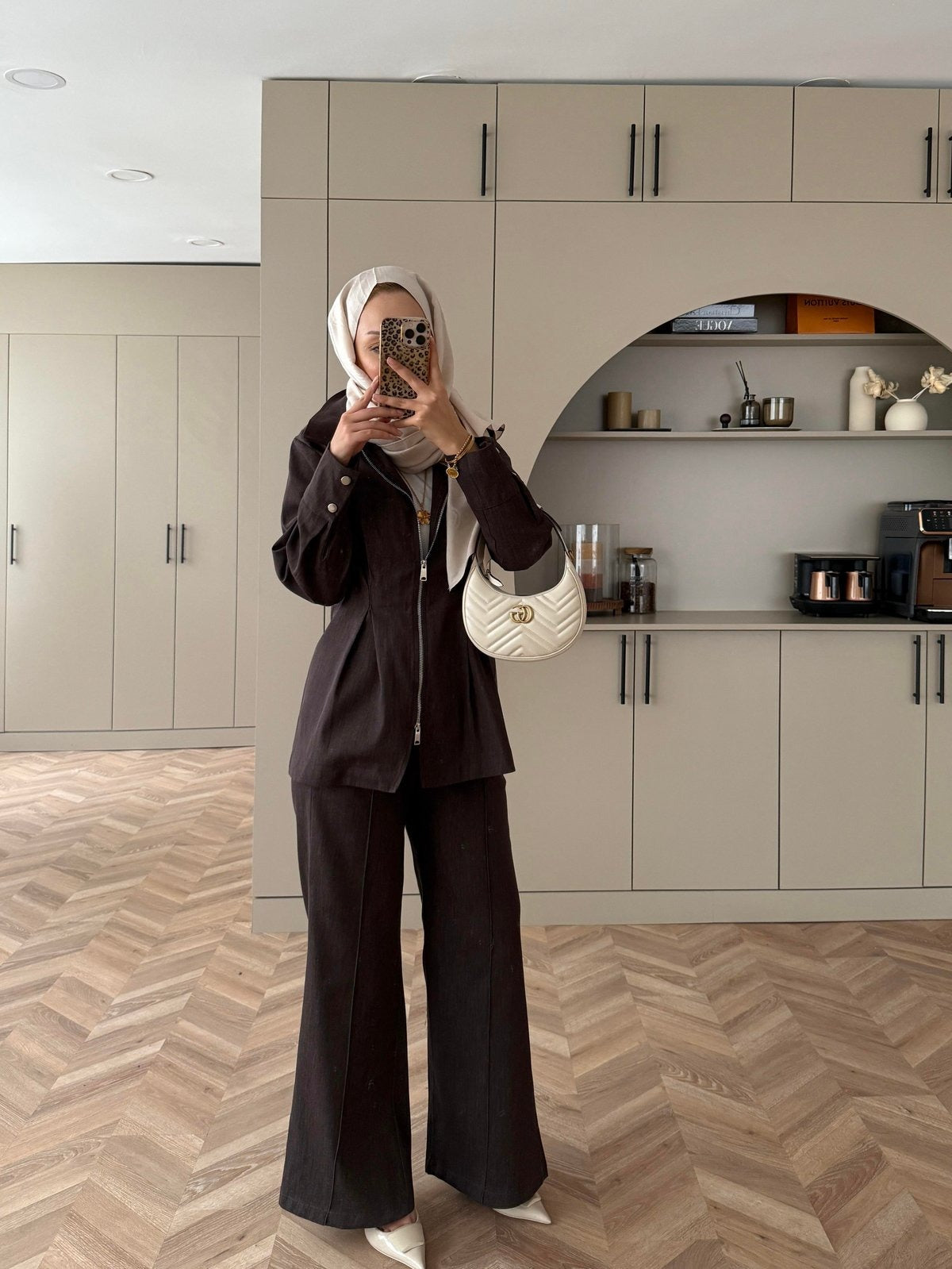 Stylish Denim Two-Piece Coordinated Set - Brown