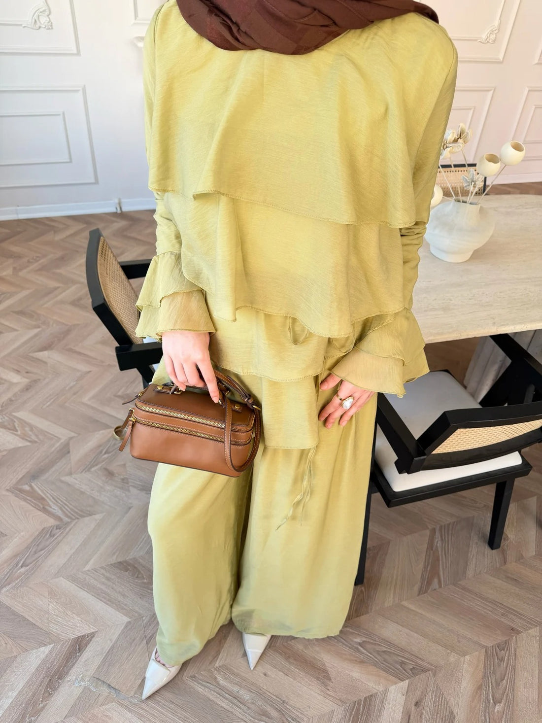 Tiered Tulle Trouser Set in Oil Green