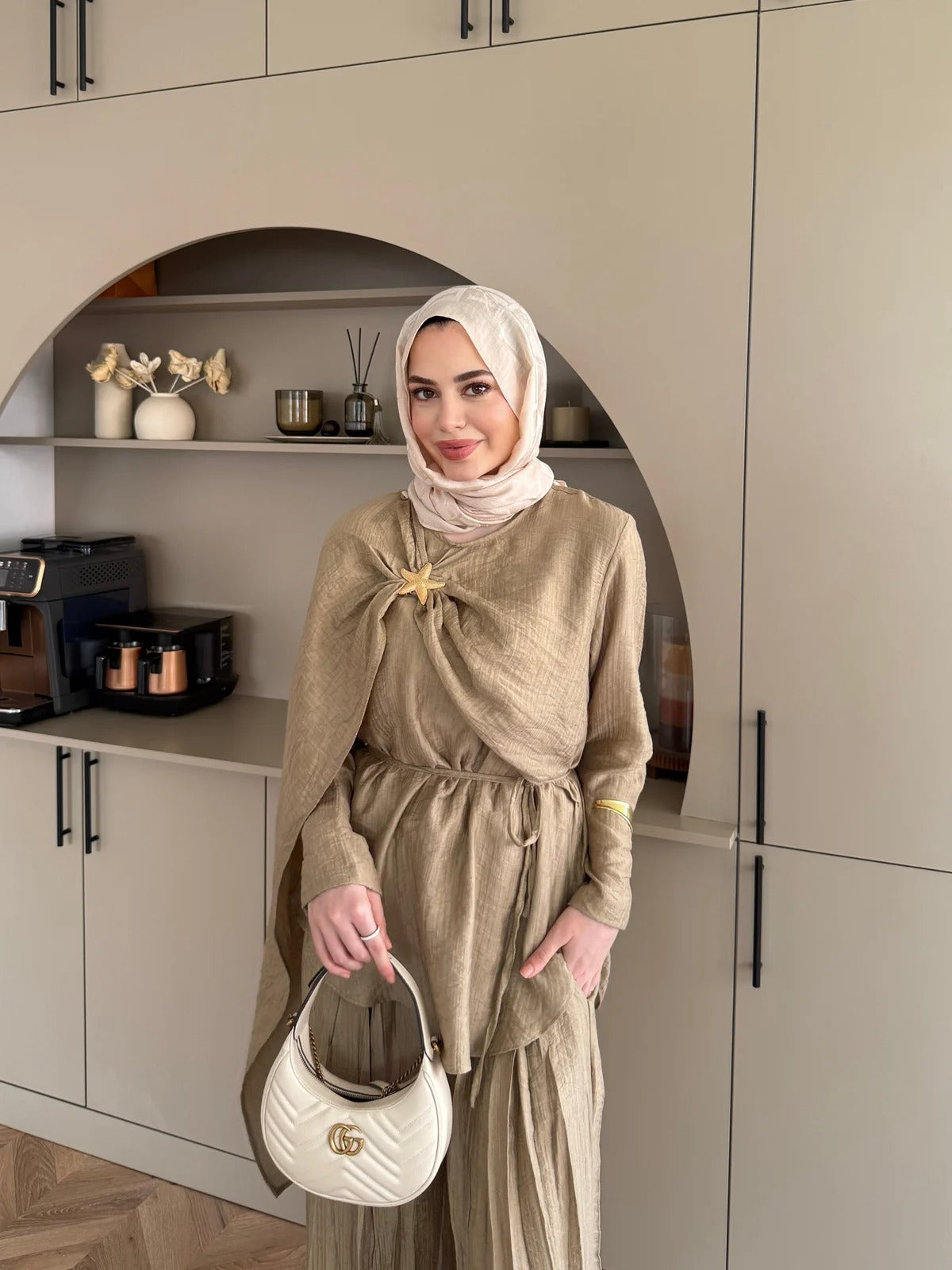 Khaki Starfish Brooch Cape Detail Muslin Trouser Set