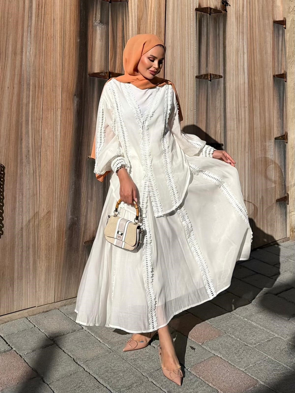 Lace Trim V-Neck Oversized Top & Flared Maxi Skirt Co-ord Set - Ecrou