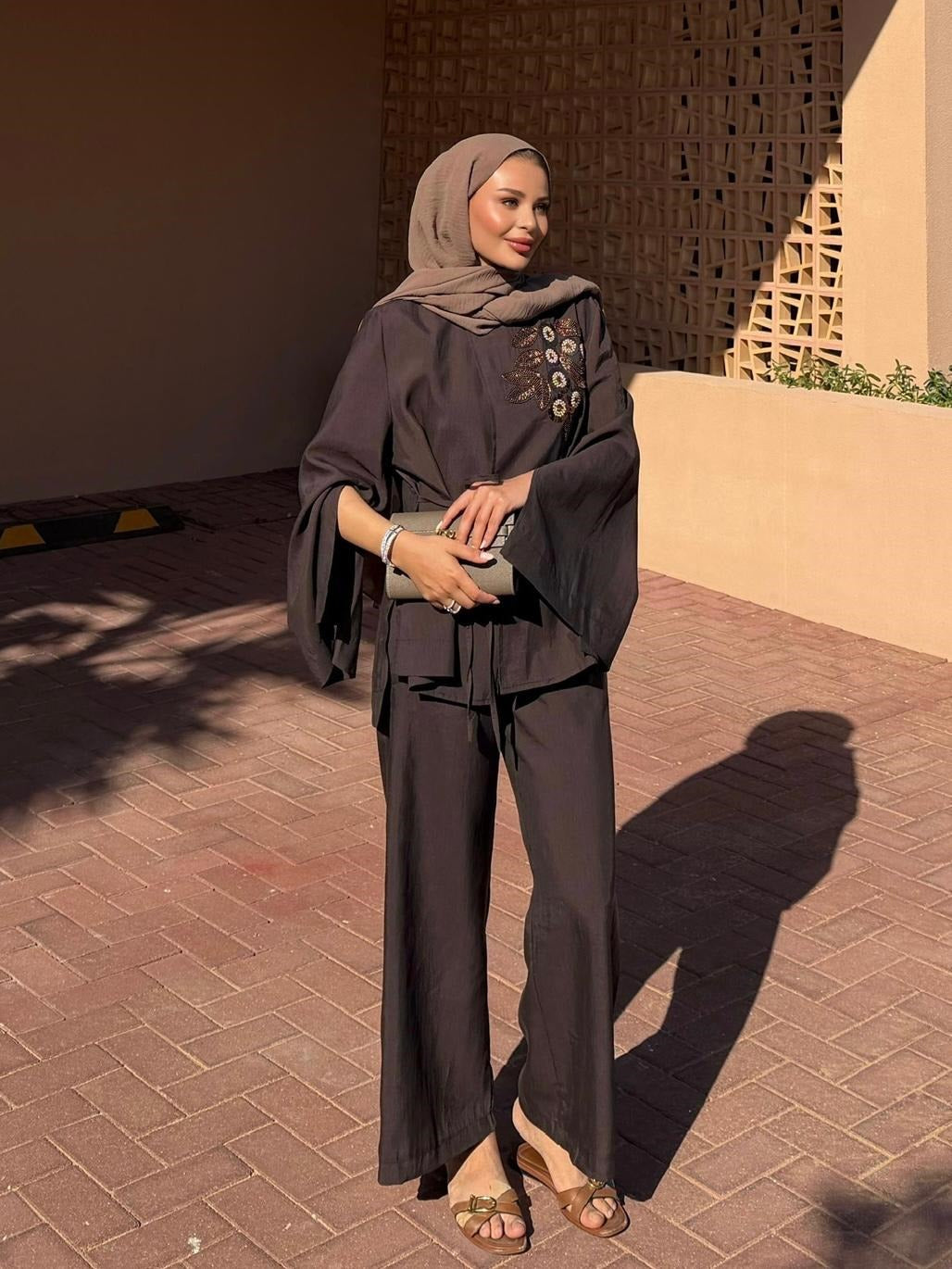 Embroidered Pants Set – Dark Brown