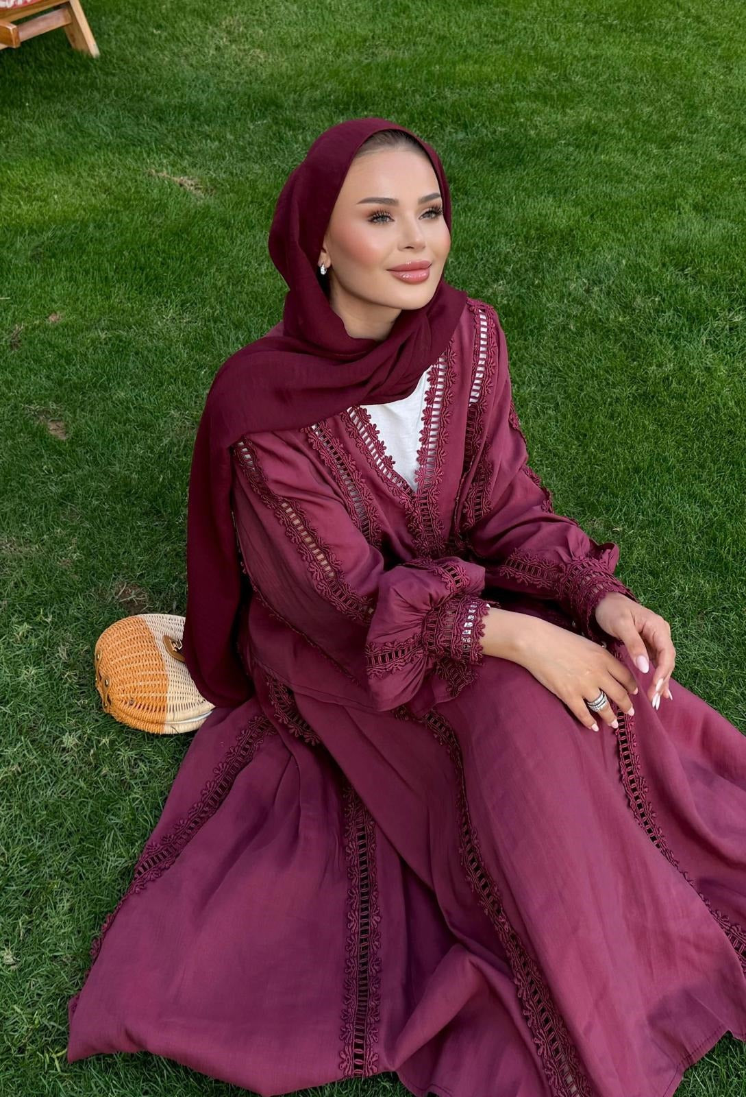 Lace Trim V-Neck Oversized Top & Flared Maxi Skirt Co-ord Set - Burgundy