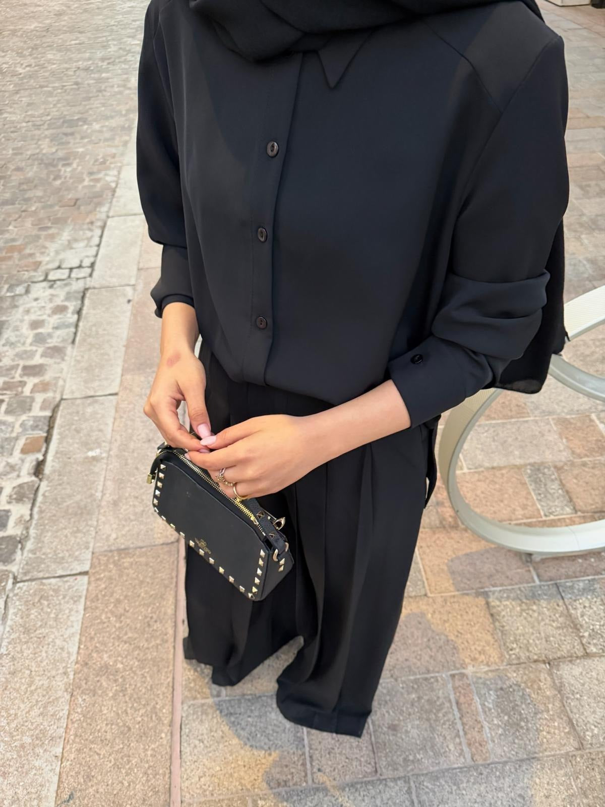 Daphne Pleated Pants Set – Black