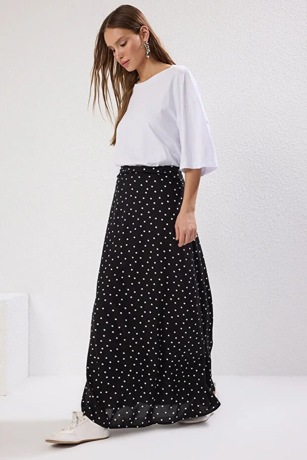 Black & White Polka Dot 100% Viscose Midi Skirt — Modest High-Waist A-Line