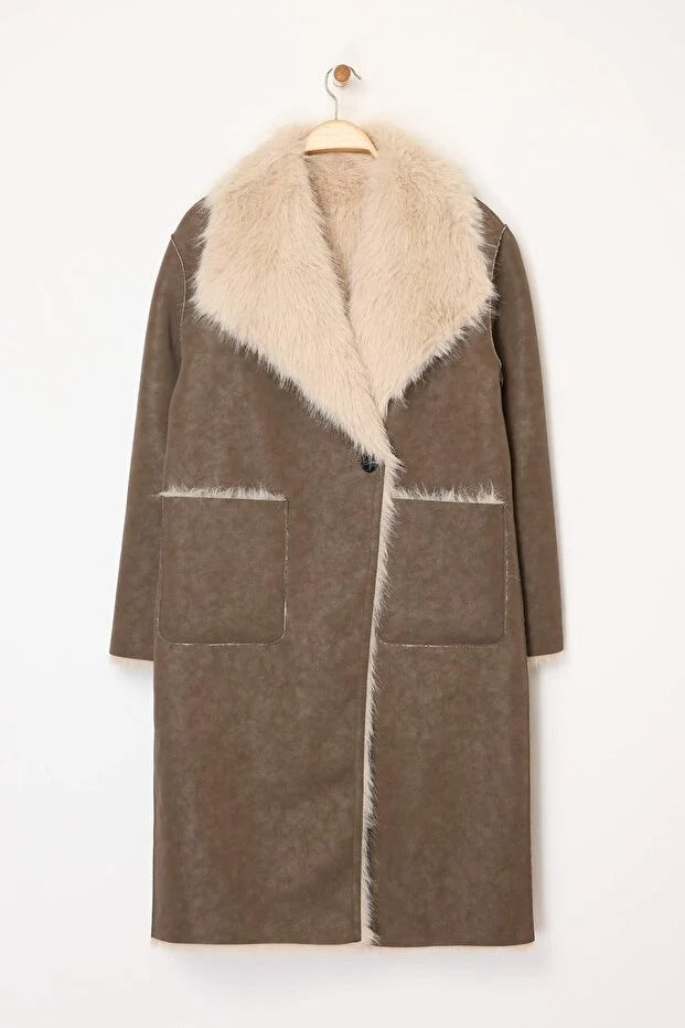 Taupe-Ecru Reversible Long Suede Coat with Fur Lapel and Mono Closure