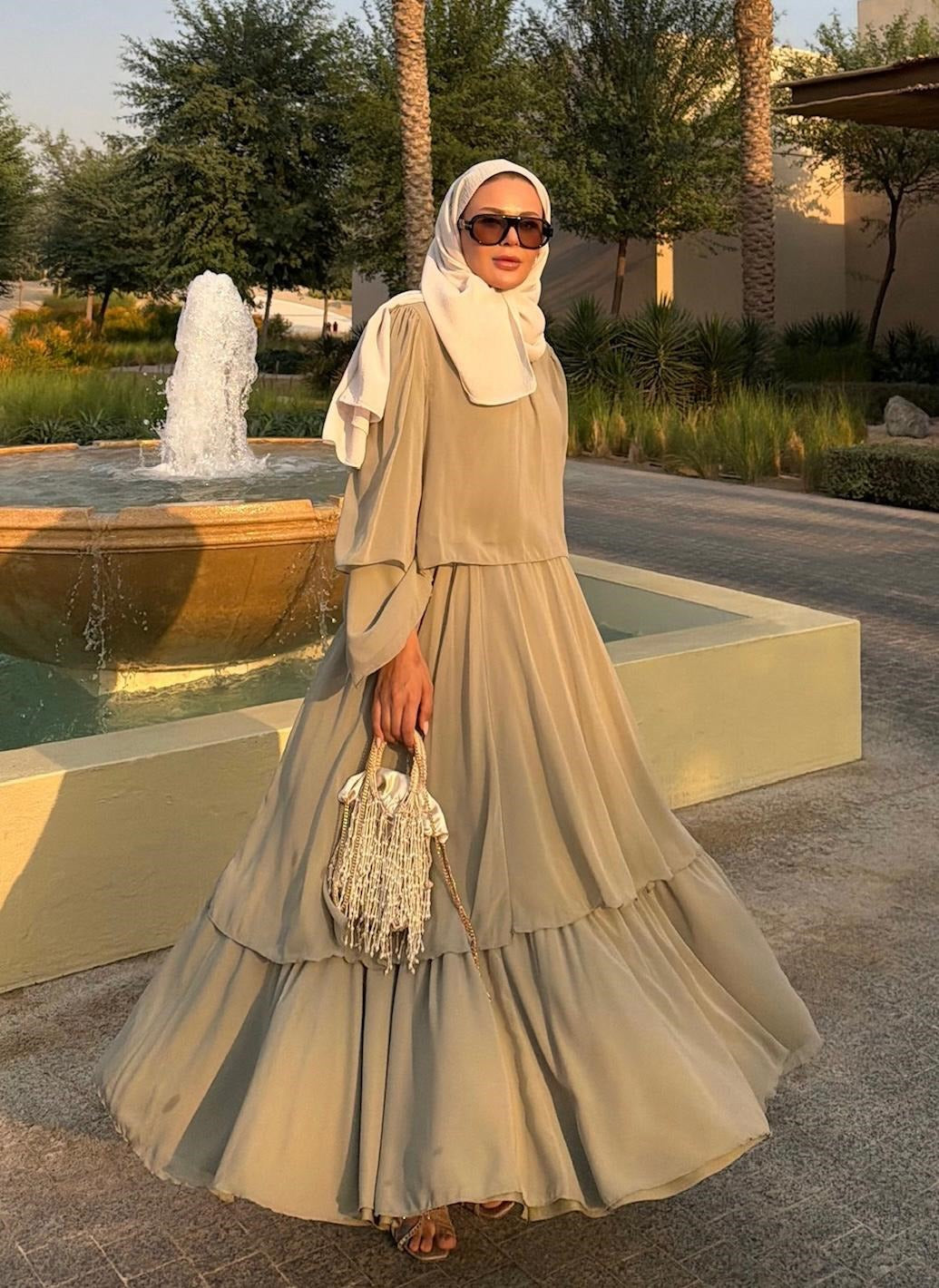 Layered Cape Chiffon Co-ord Set with Tiered Ruffle Skirt - Light Green