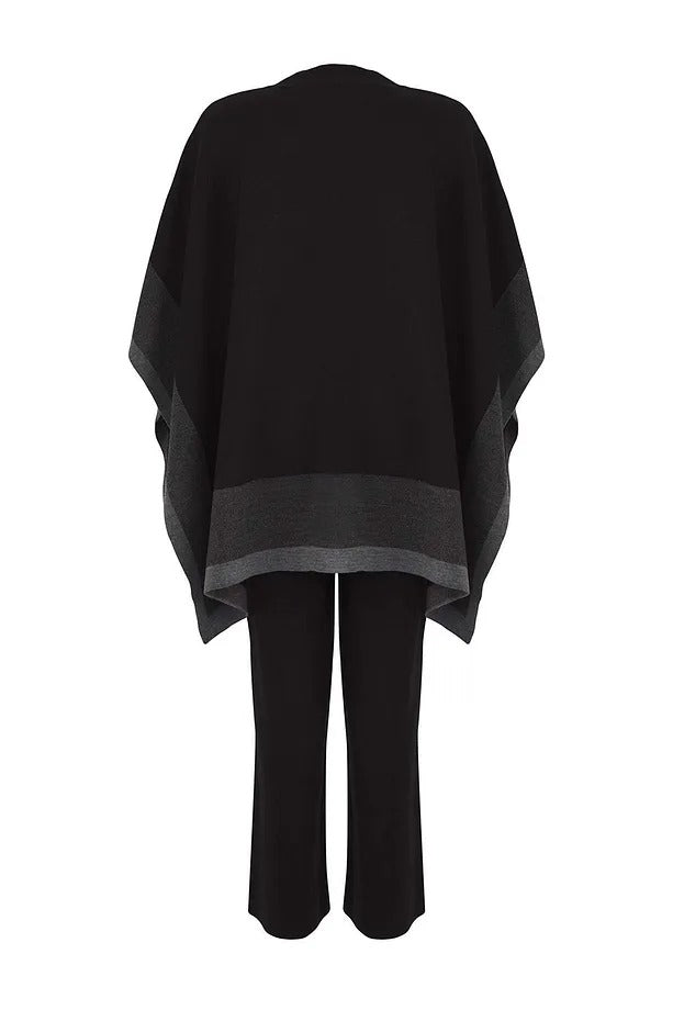 Black Color-Block Knit Poncho & Pants Two-Piece Set