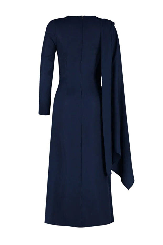 Navy Blue Shawl-Detail Evening Dress