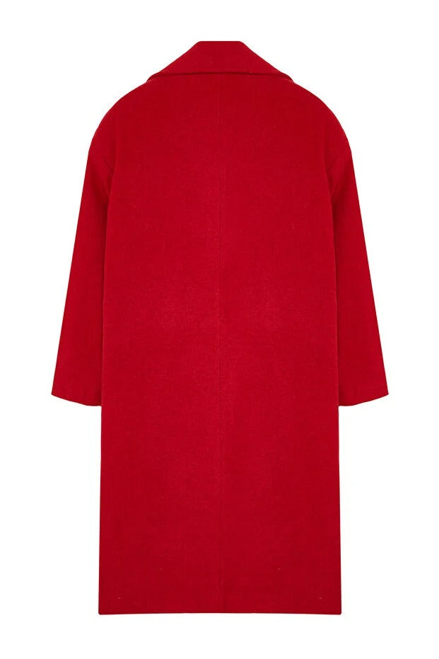 Red Oversized Wide-Cut Long Wool-Blend Coat