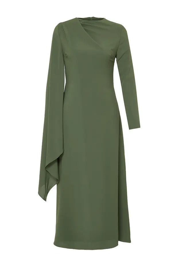 Khaki Pink Shawl-Detail Evening Dress