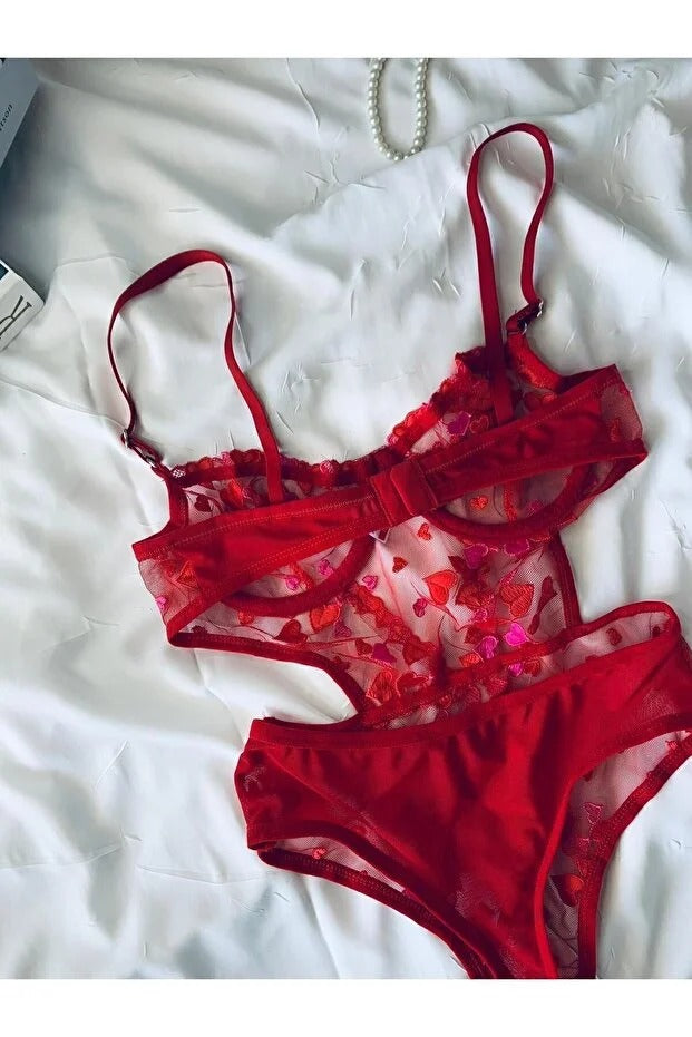Valentine’s Amour – Heart Embroidered Underwired Mesh Bodysuit