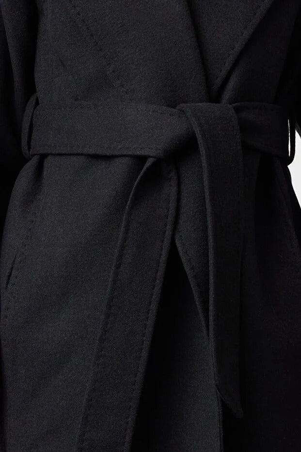 Black Belted Regular Fit Long Wool-Blend Coat