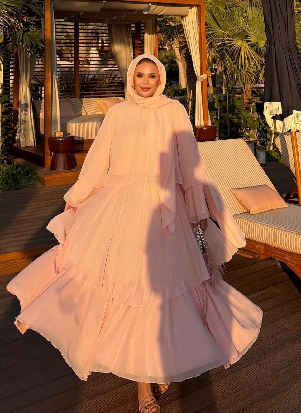 Layered Cape Chiffon Co-ord Set with Tiered Ruffle Skirt - Pink