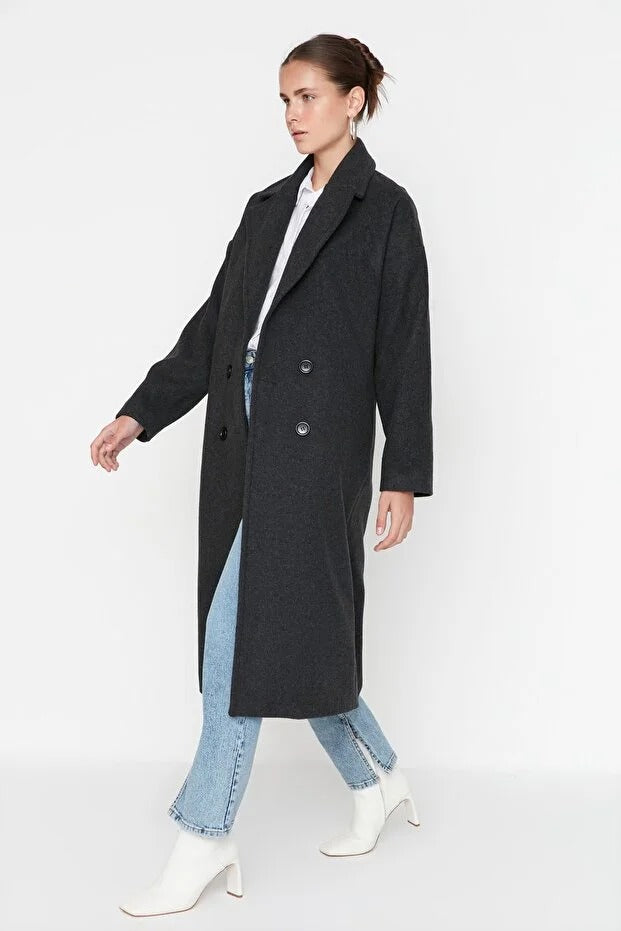 Anthracite Oversized Wide-Cut Long Wool-Blend Overcoat