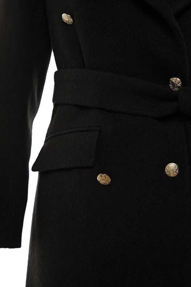 Black Fitted Long Wool-Blend Coat with Belt and Gold Buttons