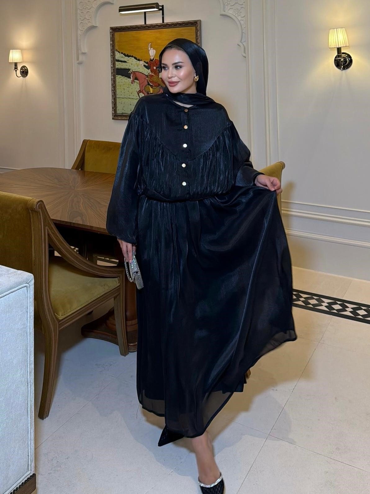 Shimmer Metallic Gathered Top & Flared Maxi Skirt Evening Co-ord Set - Black