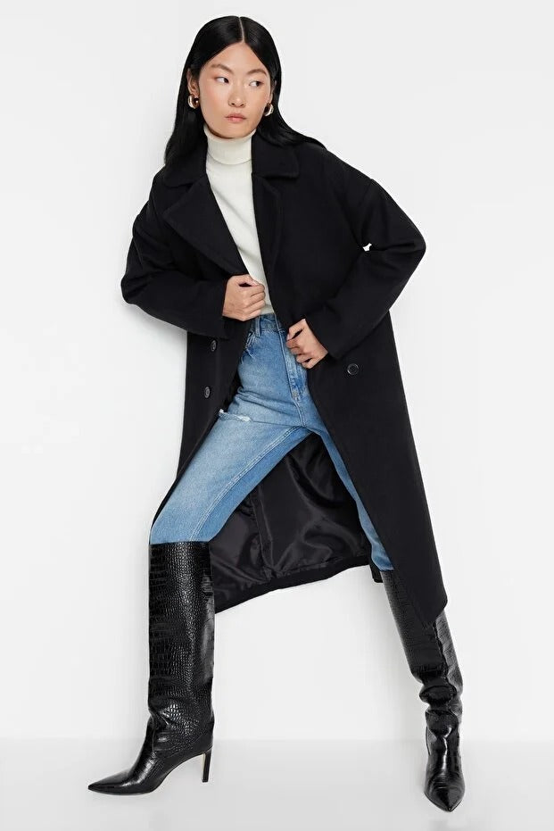 Black Oversized Wide-Cut Long Wool-Blend Overcoat