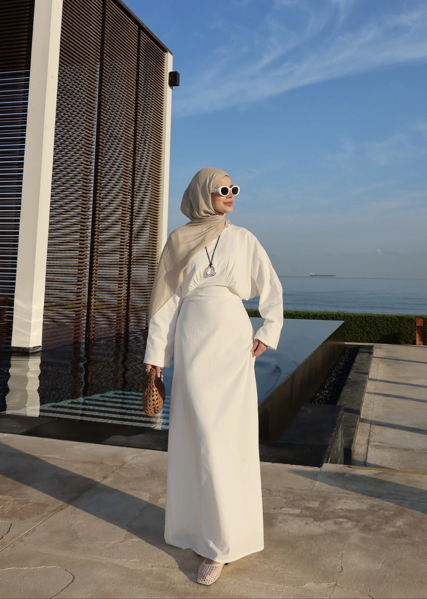 White Cotton Tie-Back Maxi Dress - Waist Detail Long Sleeve Gown
