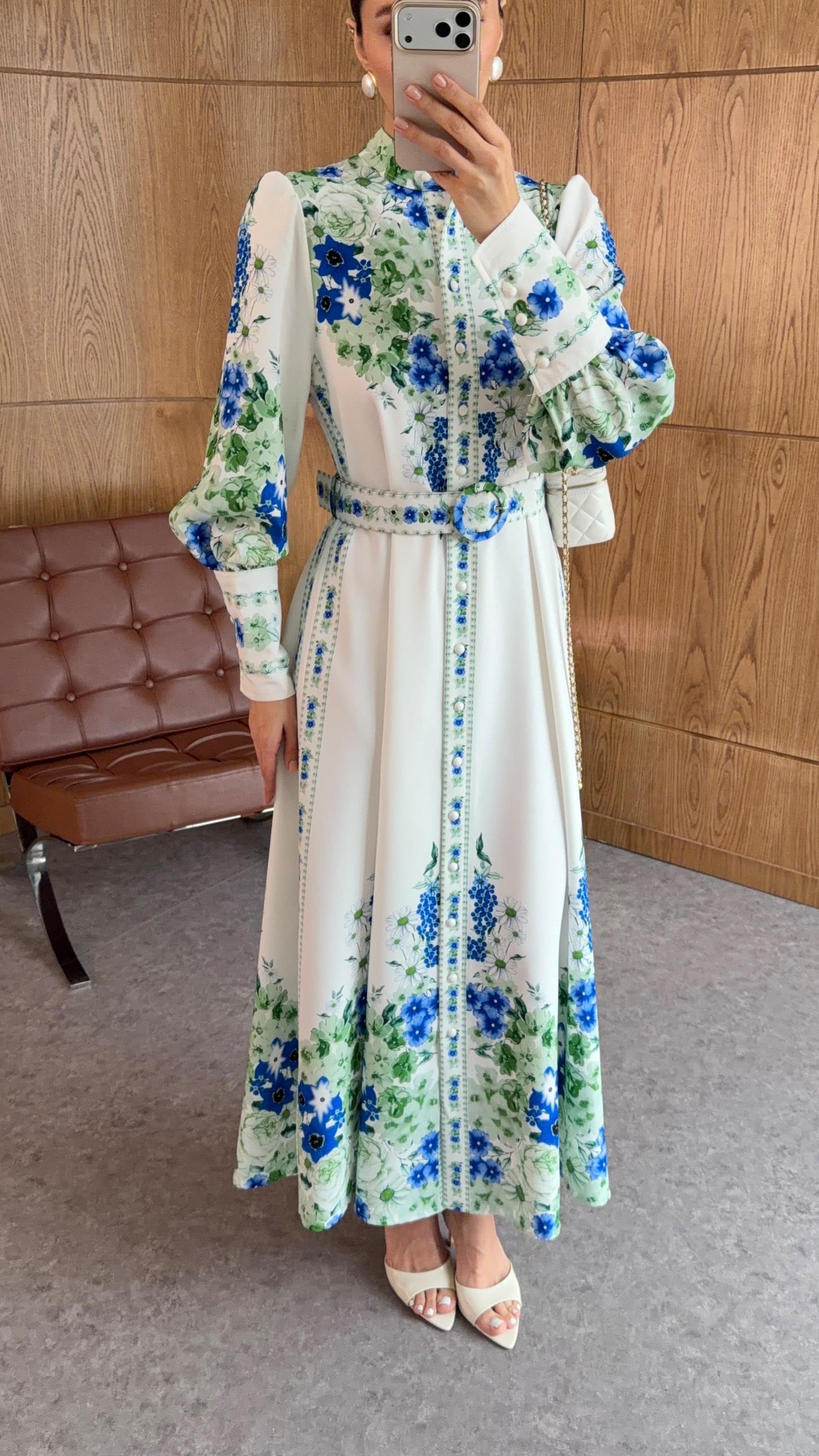 Blue & Green Digital Floral Print Maxi Dress with Puff Sleeves & Belted Waist