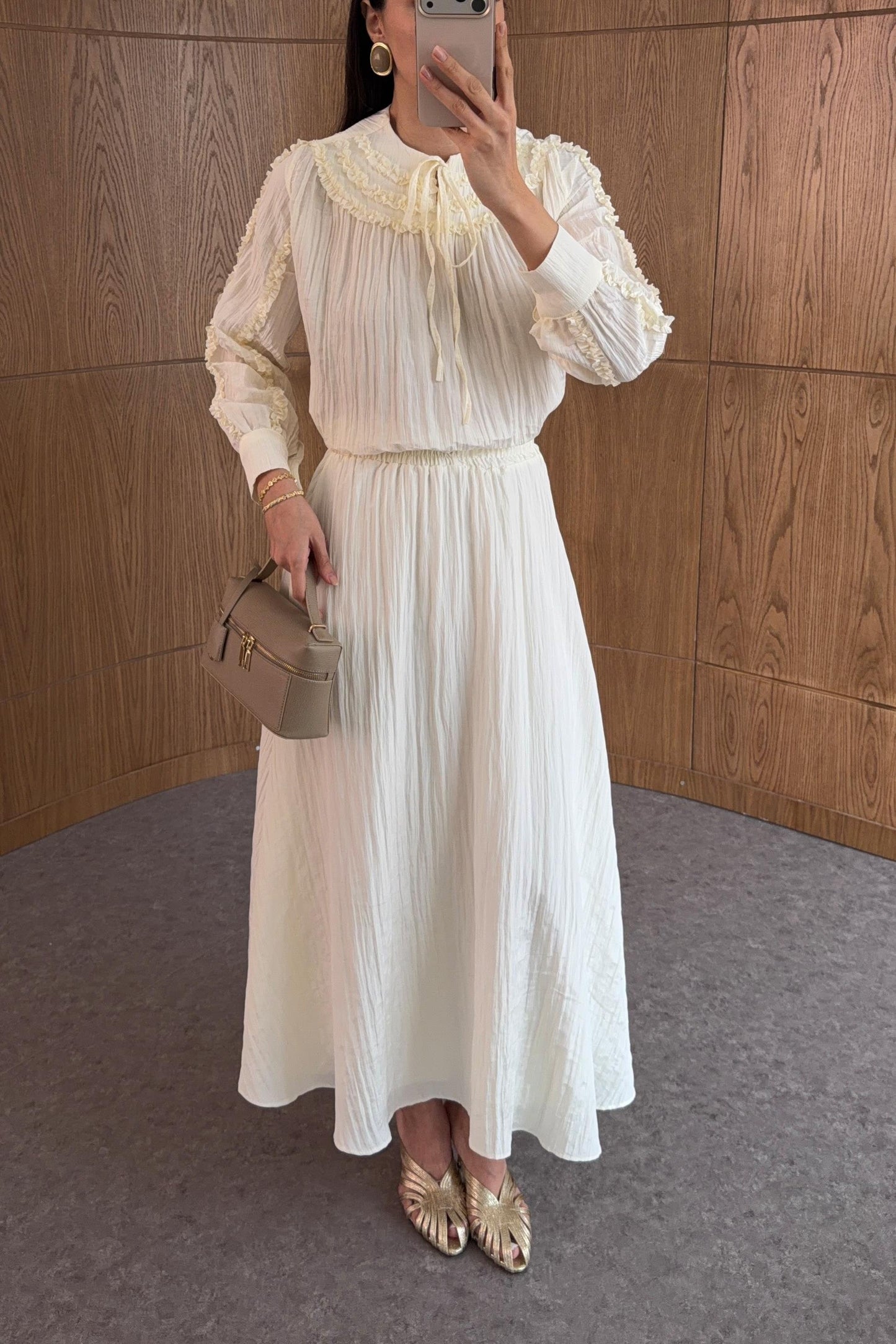 Cream Ruffle Trim Co-ord Set with Tie Neck, Puff Sleeves & Drawstring Waist