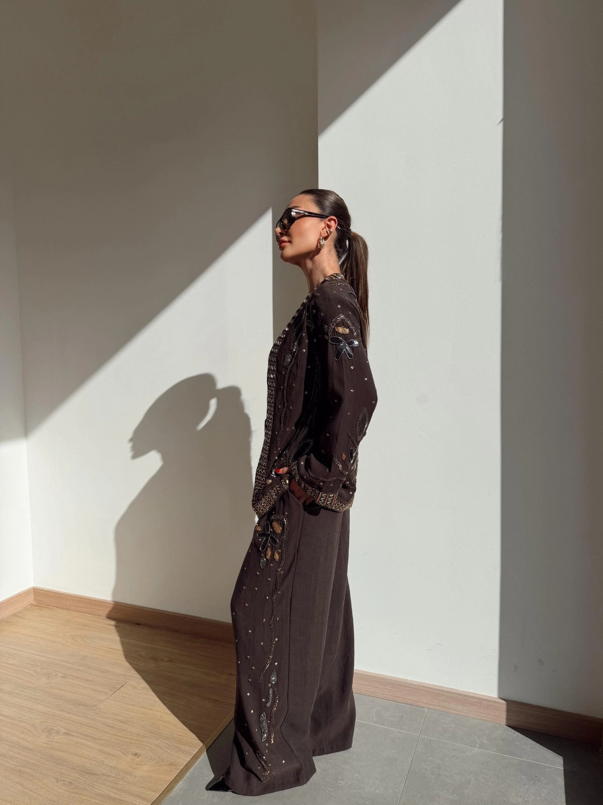 Limited Collection Embroidered Kimono & Pants Two-Piece Set – Brown