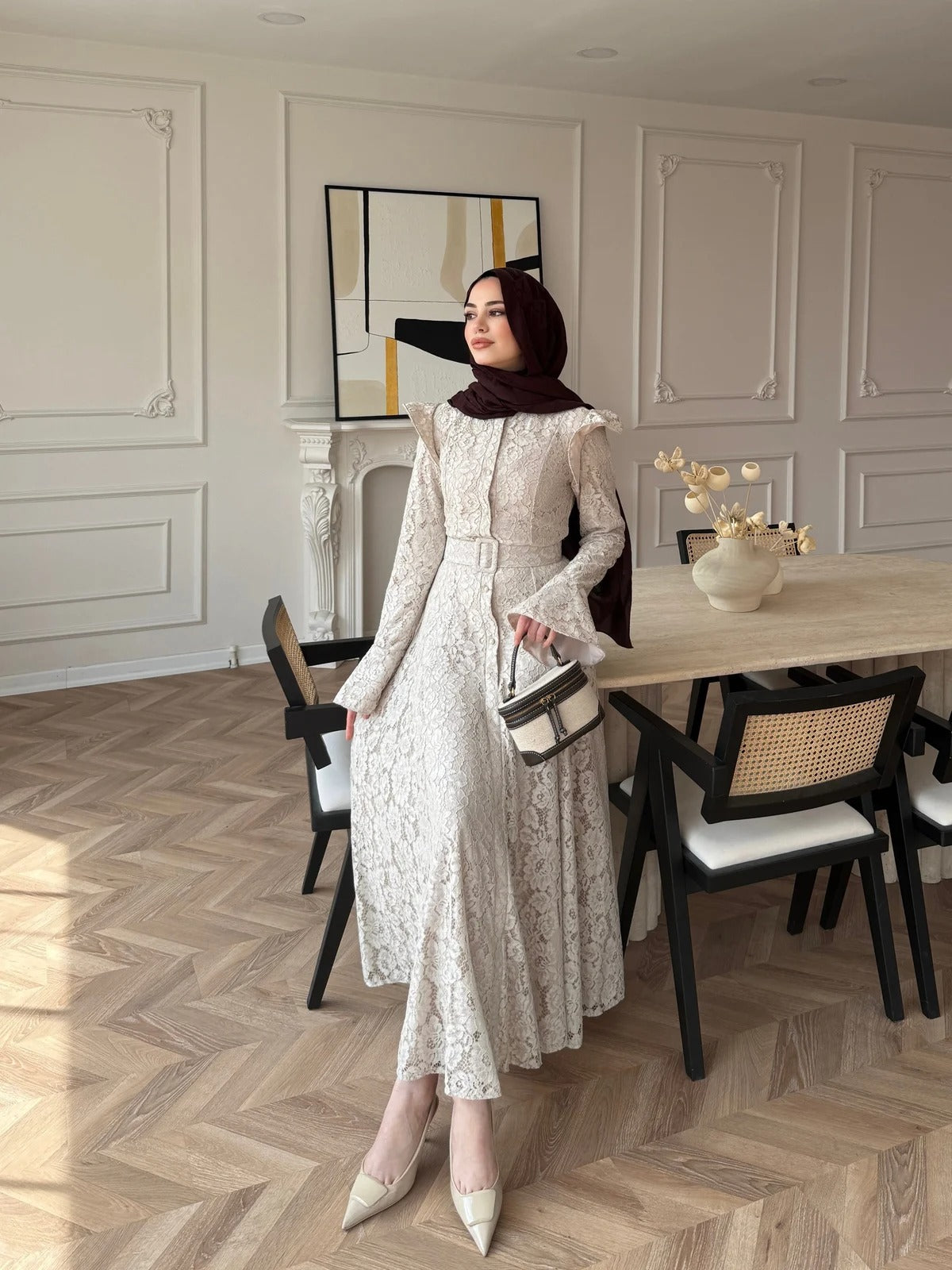 Lace Detailed Belted Maxi Dress - Beige