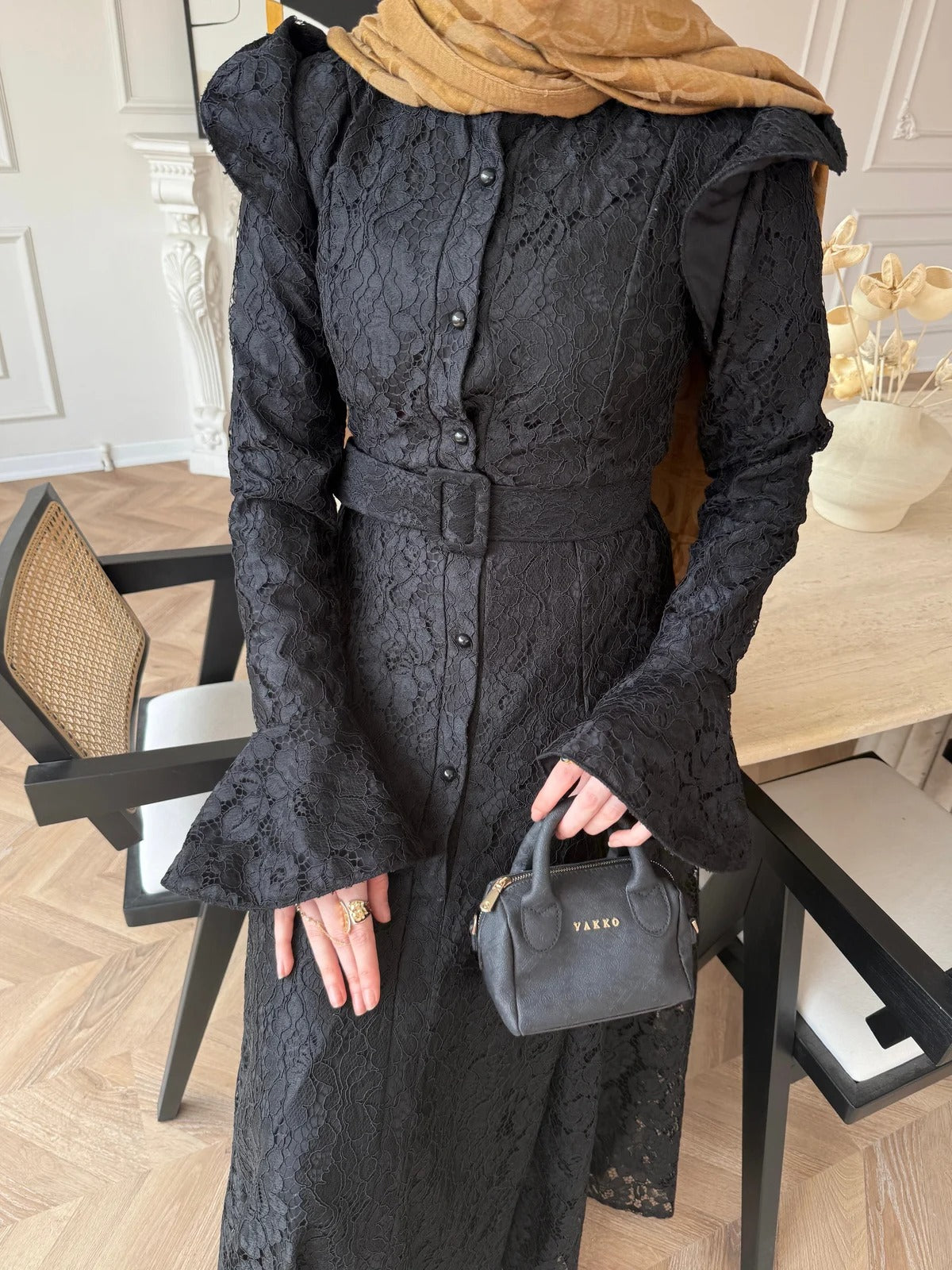 Lace Detailed Belted Maxi Dress - Black