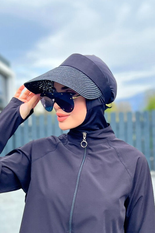 Foldable Straw Sun Visor - Wide Brim Roll-Up Beach Hat in Black