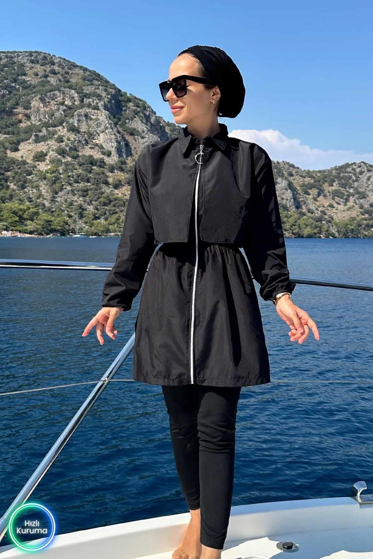 Sea Black Full Coverage Burkini - 2 Piece Quick-Dry Modest Swimsuit