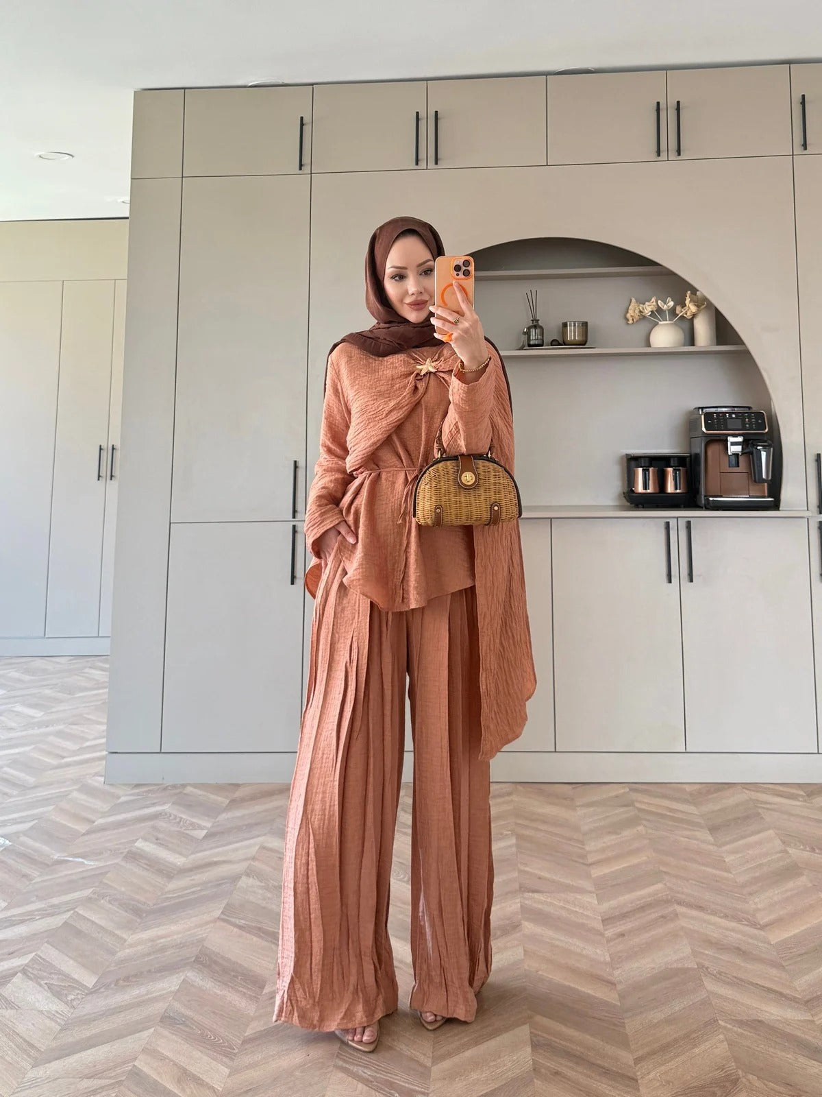 Salmon Starfish Brooch Cape Detail Muslin Trouser Set