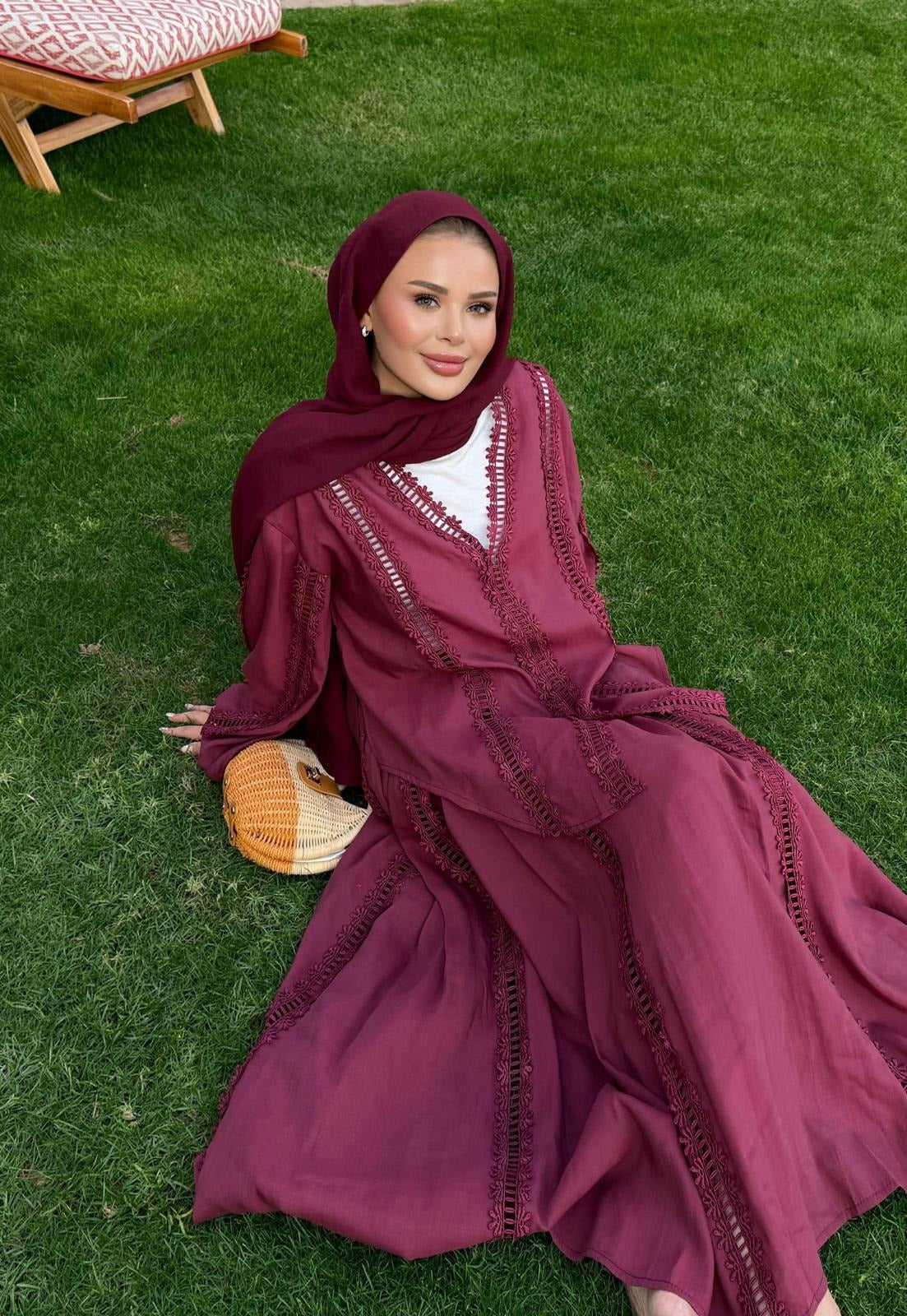 Lace Trim V-Neck Oversized Top & Flared Maxi Skirt Co-ord Set - Burgundy