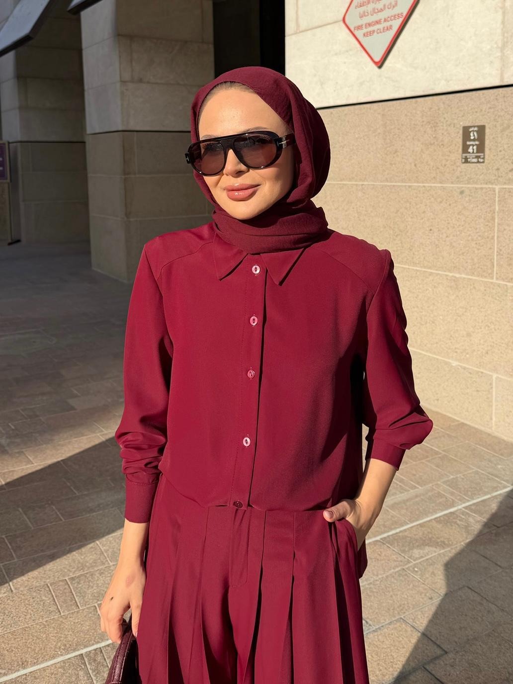 Daphne Pleated Pants Set – Burgundy