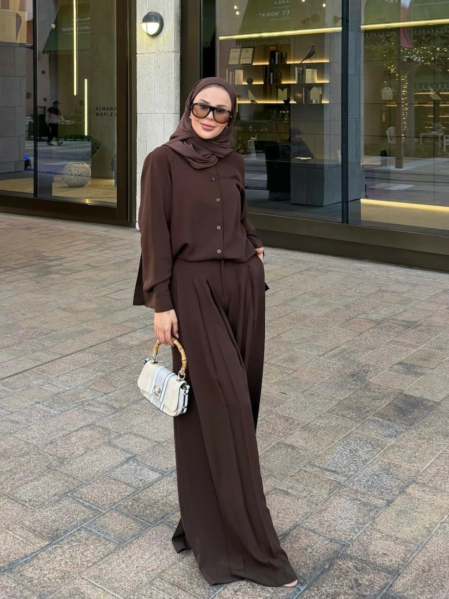 Daphne Pleated Pants Set – Brown