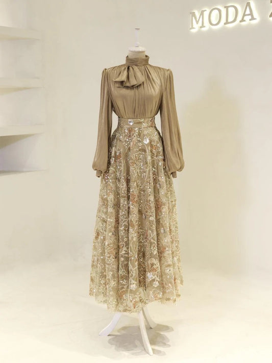 Lisbonne Orchid & Embroidery Modest Evening Gown - Gold