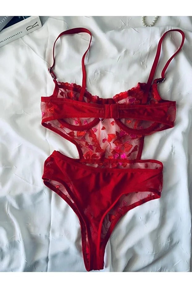 Valentine’s Amour – Heart Embroidered Underwired Mesh Bodysuit