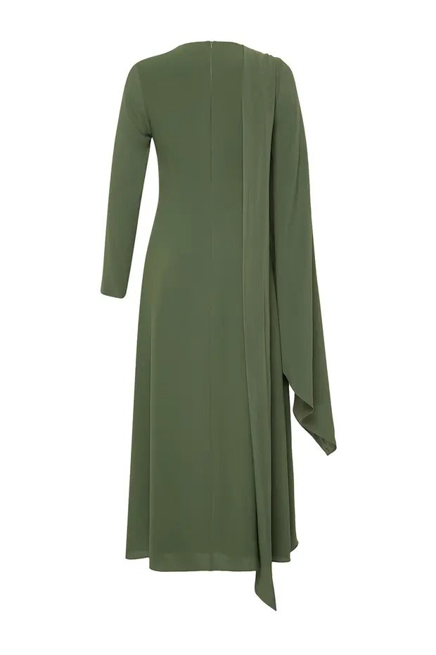 Khaki Pink Shawl-Detail Evening Dress