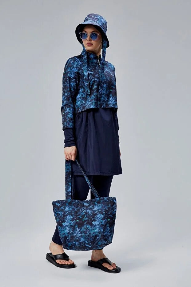 Midnight Blue Patterned Full Coverage Burkini - 3 Piece Zip-Up Swimsuit