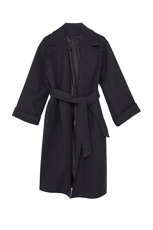 Black Belted Regular Fit Long Wool-Blend Coat