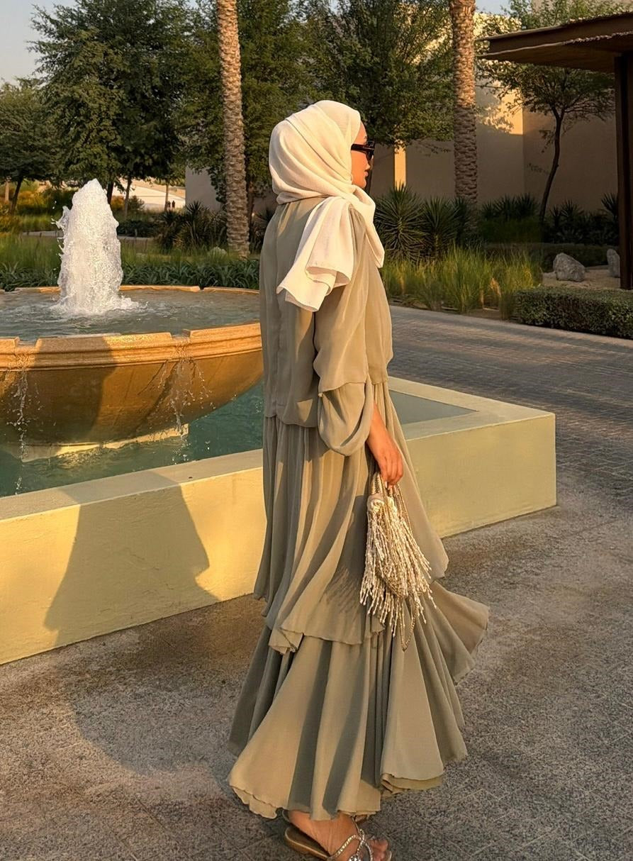 Layered Cape Chiffon Co-ord Set with Tiered Ruffle Skirt - Light Green