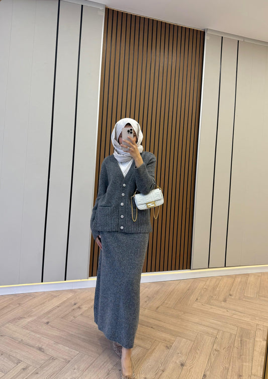 Stone Button Knitwear Blazer & Skirt Co-ord – Gray
