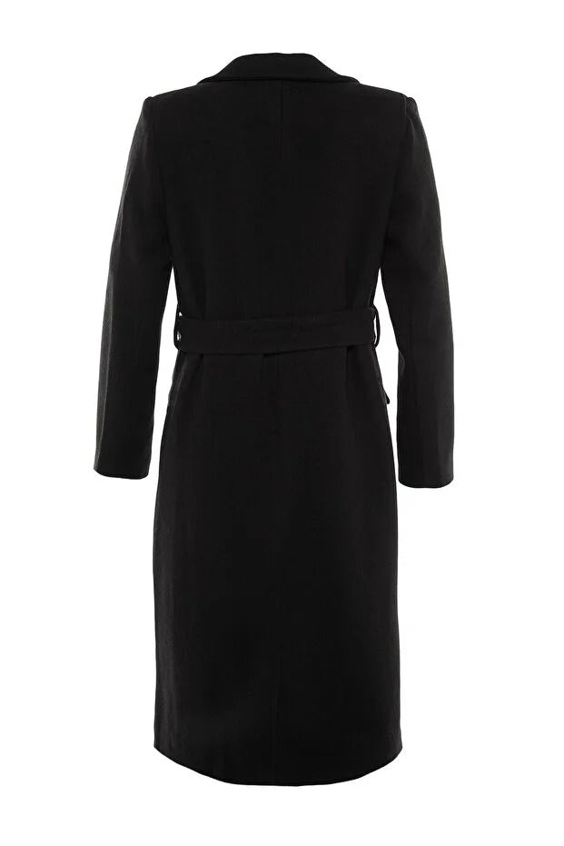 Black Fitted Long Wool-Blend Coat with Belt and Gold Buttons