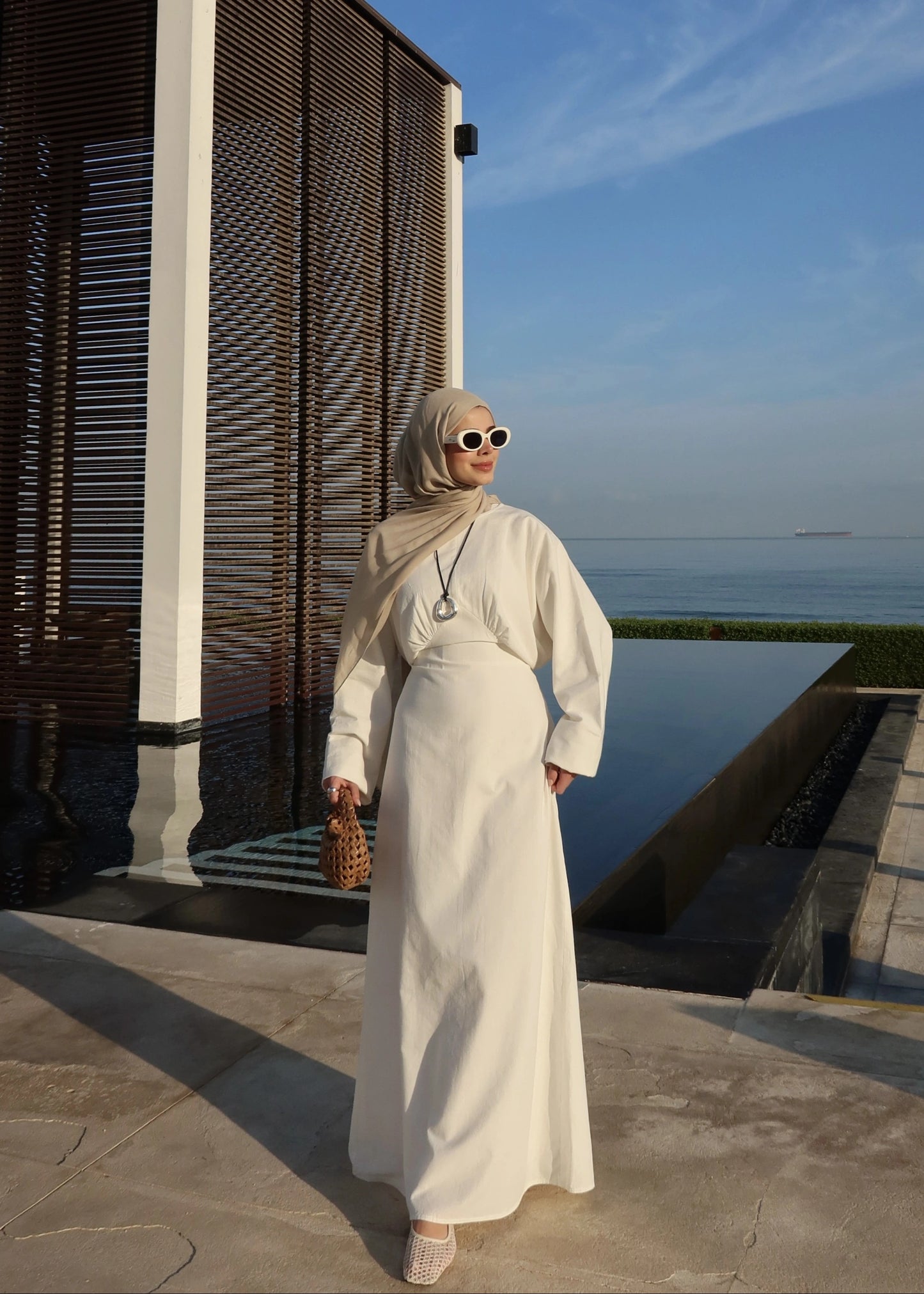 White Cotton Tie-Back Maxi Dress - Waist Detail Long Sleeve Gown