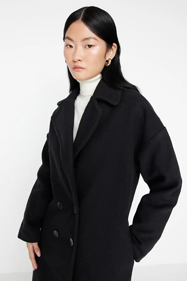 Black Oversized Wide-Cut Long Wool-Blend Overcoat