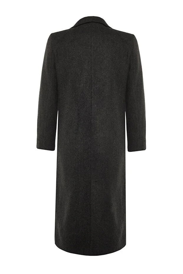 Black Herringbone Pattern Long Wool-Blend Coat