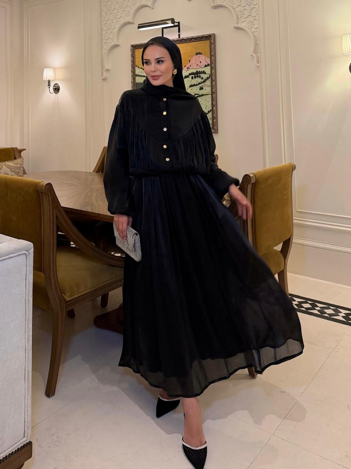 Shimmer Metallic Gathered Top & Flared Maxi Skirt Evening Co-ord Set - Black