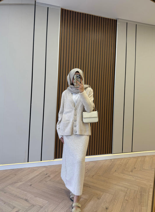 Stone Button Knitwear Blazer & Skirt Co-ord – Beige