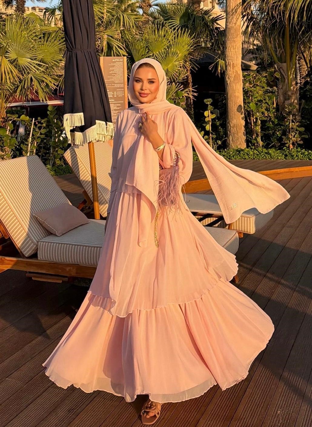 Layered Cape Chiffon Co-ord Set with Tiered Ruffle Skirt - Pink